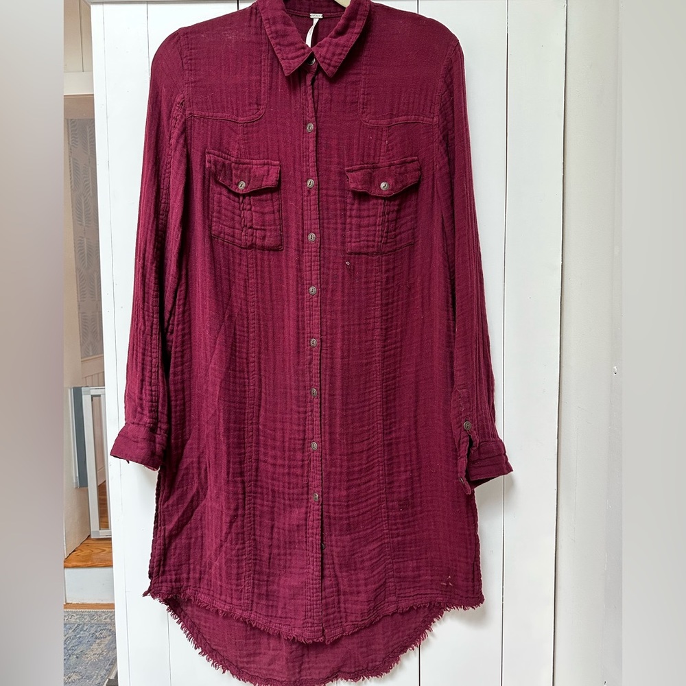 FREE PEOPLE Cozy Nights Gauze Button Down Tunic Shirt in plum